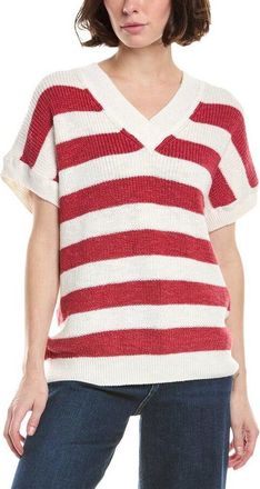 Eleventy Womens White Coral Striped V-Neck Sweater, Size M