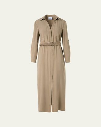 Akris Long-Sleeve Belted Viscose Twill Midi Shirtdress
