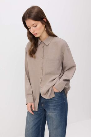 Trendyol Modest Dames Kaki Gestreept Lang Oversized Modest Overhemden