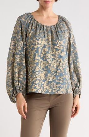 Lafayette 148 New York Metallic Balloon Sleeve Silk Blend Jacquard Top in Slate Blue Multi at Nordstrom Rack, Size X-Small