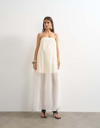 Topshop Vestito lungo a fascia in organza color latticello a strati-Bianco