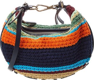 Fendi Fendi Fendigraphy Mini Crochet & Leather Hobo Bag