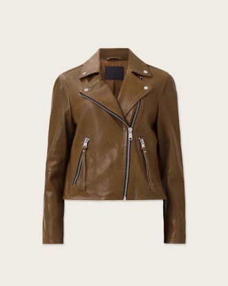 AllSaints Lamb Leather Dalby Slim Fit Leather Biker Jacket, Size: UK 12/US 8