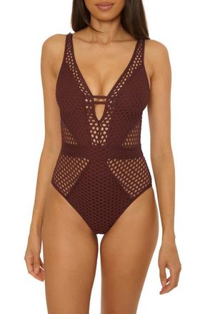 BECCA by Rebecca Virtue Castaway Fishnet Plunge One-Piece Swimsuit in Brown at Nordstrom, Size Medium
