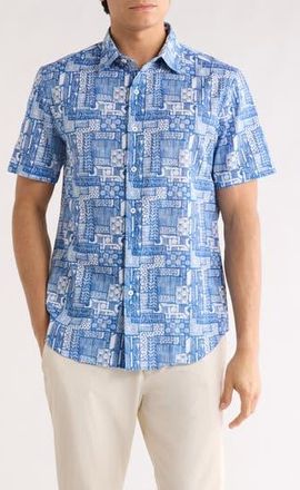 Bugatchi Print Short Sleeve Cotton Button-Up Shirt in Classic Blue at Nordstrom Rack, Size Xxx-Large