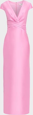 Badgley Mischka Plunging Cap-Sleeve Mikado Column Gown