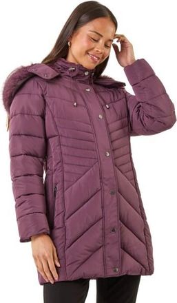 Roman Womens Petite Hooded Longline Quilted Coat - Purple - Size 18 UK