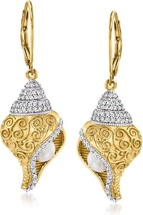 Ross-Simons 5mm Cultured Pearl and. White Topaz Drop Earrings in 18kt Gold Over Sterling