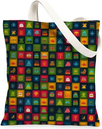 Generic Christmas Gifts Canvas Tote Bags, Colorful Holiday Design Reusable Grocery Bags, Vintage Lightweight Washable Shoulder Stra, Multicolor, 13x15 Inch