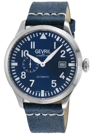 Gevril Group Mens Vaughn SS Case,SS Bezel Blue/White Dial, Blue Handmade Italian Leather Strap. - One Size