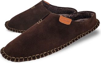 Clarks Mens Open Back Suede Leather Slipper With Heavy Stitching JMS0752 - Plush Sherpa Lining - Indoor Outdoor House Slippers For Men, Dark Brown, 9 UK