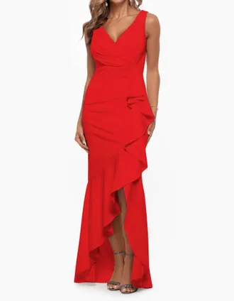 Betsy & Adam Candace Long V-Neck Hi Low Cascade Dress In Red