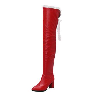 Generic Red,4.5 UK,Womens Tall Over The Knee Boots Pointed Toe Thigh High Fall Block Chunky Heeled Long Boot Side Zipper Leather PU Dress Shoes with Lace