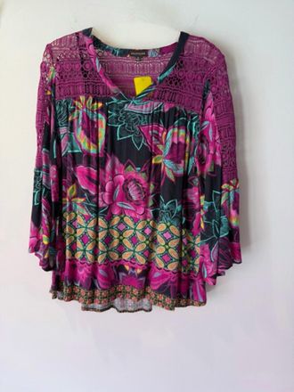 Multiples Womens Floral Boho Top With Crochet Detail In Magenta, Lime, Turquoise