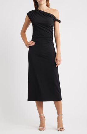 Wayf Tara One-Shoulder Cocktail Midi Dress in Black at Nordstrom Rack, Size X-Large