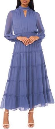 Halogen Long Sleeve Tiered Chiffon Maxi Dress in Vintage Indigo at Nordstrom Rack, Size X-Large