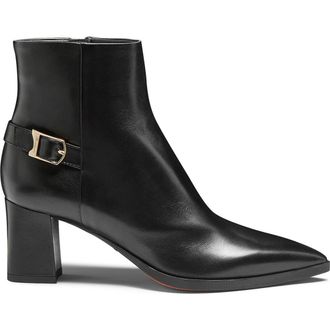 Santoni Womens Leather Mid-Heel Ankle Boot with Decorative Buckle in Black at Nordstrom, Size 10.5