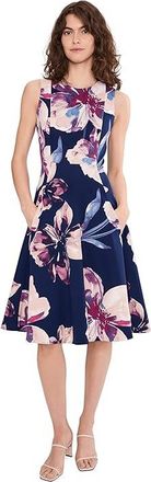 Calvin Klein Sleeveless Floral Fit And Flare Womens Dress Indigo : 10, Polyester/Spandex