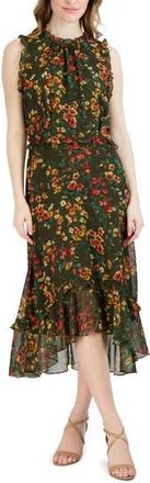 Julia Jordan Floral Sleeveless Ruffled High-Low Midi Dress in Olive Multi at Nordstrom Rack, Size 10