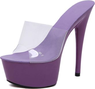 Generic Purple,5.5 UK,Womens Stiletto High Platform Heel Peep Open Toe Sandals Mules Clear Crystal Slip-on Prom Party Dress Summer 5.9 Inches Heels Shoes