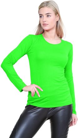 Janisramone Hamishkane Long Sleeve T Shirts Women, Round Neck Stretchy T Shirts, Plain Slim Fit Going Out Tops, Breathable Basic Summer Tops for Women UK Neon Gre