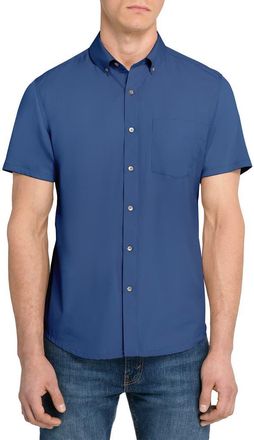 W.R.K Hudson Reworked Slim Fit Solid Short Sleeve Cotton Button-Up Shirt in Med Blue at Nordstrom, Size Xx-Large