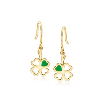 Ross-Simons Italian 14kt Yellow Gold Shamrock Drop Earrings With Green Enamel
