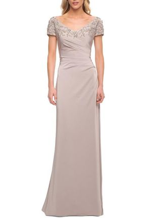 La Femme Short Sleeve Evening Dress with Beaded Neckline in Silver at Nordstrom, Size 10