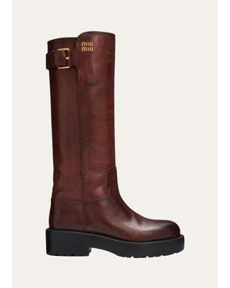 Miu Miu 55mm Lug-Sole Leather Knee-High Boots