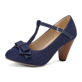 Generic Women Denim T Strap Pumps Round Toe Pointed Heel Bow Decor Adjustable Buckle Ankle Strap Non Slip Durable Comfortable Dress Party Shoes,Dark Blue,10.5