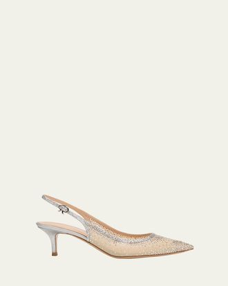 Gianvito Rossi Strass Organza Kitten-Heel Slingback Pumps