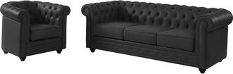 Vente-Unique Sof&aacute; de 3 plazas y sill&oacute;n de piel de b&uacute;falo CHESTERFIELD - Negro