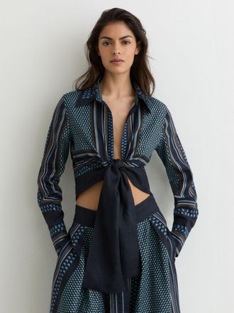 Reiss Linen Scarf-print Tie-front Shirt, 14
