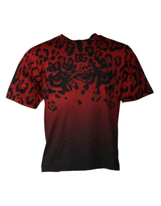 Dolce & Gabbana Mens Leopard Print Tee Short Sleeves Crew Neck - Dark Red Cotton - Size EU 46 (Mens)