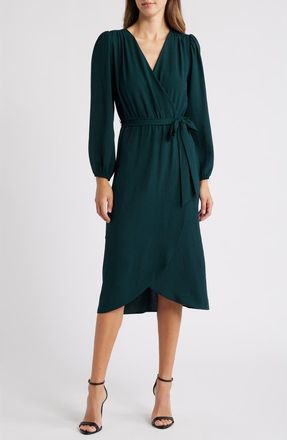Connected Long Sleeve Faux Wrap Midi Dress in Pine at Nordstrom, Size 4