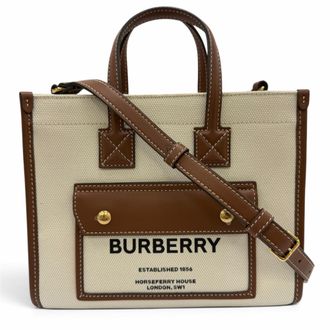 Burberry Brown Ivory Canvas Leather Shoulder Bag Tote Bag (Pre-Owned)