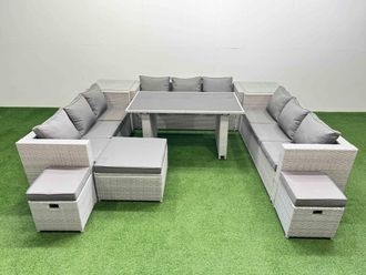 Fimous Patio Outdoor Garden Furniture Sets with 2 Side Tables 3 Stool in Light Grey