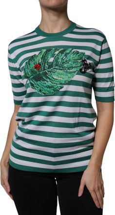 Dolce & Gabbana Womens White Green Stripe Leaf Crew Neck T-Shirt Cashmere Silk