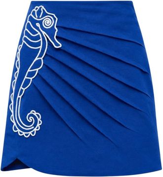 Farm Rio Seahorse Borduur Minirok - Dames - Korte rokken - Blauw - XS - Linnen - Rokken