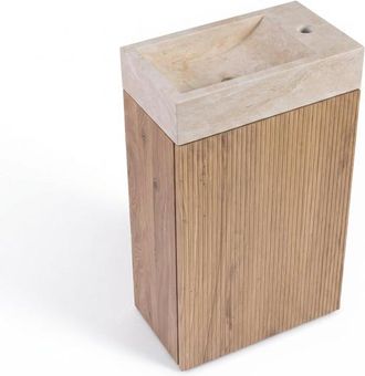 Saniclass Holz Atelier Toiletmeubelset - 40x60.5cm - 1 deur - fontein travertine - kraangat rechts - eiken natural