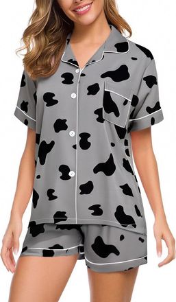 Generic Ladies Cotton Shorts Womens 2 Piece Pajamas Sets UK Summer Fashion Pyjama Outfits Button Down Shirts&Shorts Pj Sets Loungerwear Ladies Soft Comfy Clas