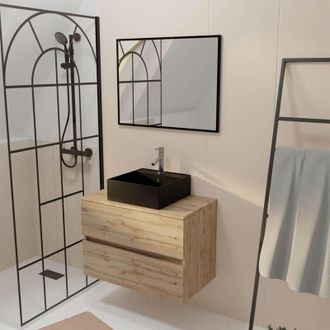 Aurlane Aurlane - Mueble Baño 80cm 2 Cajones Roble + Lavabo Negro 41x41x15cm + Espejo 60x80cm