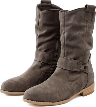 Generic Womens Low Heel Suede Cowboy Ankle Boots - Casual Pointed Toe Booties With Zipper Comfortable Slouchy Mid Calf Flats(Dark Grey,9.5-10)