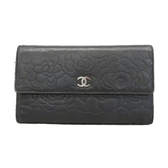 Chanel Black Leather Long Wallet (Tri-Fold) (Pre-Owned)