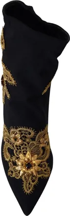 Dolce & Gabbana Black Gold Embroidery Crystal Boots Womens Shoes