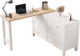 STILVORA Escritorio Esquinero Con 7 Cajones Y Tablero Giratorio De 360&deg;, En Tablero De Part&iacute;culas, 120 &times; 40 &times; 70 Cm, Blanco Y Roble