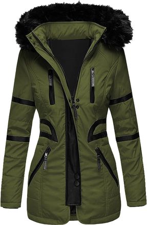 Generic Womens PU Leather Trimmed Mid Length Collar Quilted Coat For Style & Warmth (Army Green, XXL)