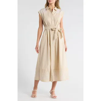 Ellen Tracy Floral Embroidered Poplin Shirtdress in Stone at Nordstrom Rack, Size X-Large