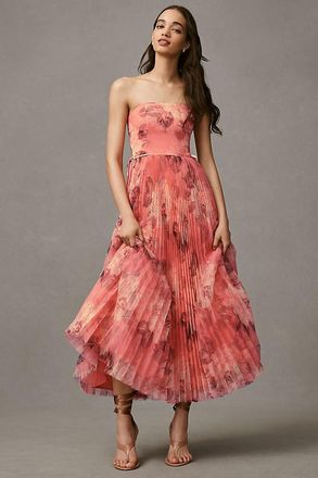 Hutch Costella Strapless Pleated Floral Tulle Midi Dress