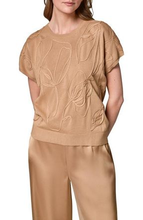DKNY Embroidered Short Sleeve Cotton Sweater in Fawn at Nordstrom, Size X-Large